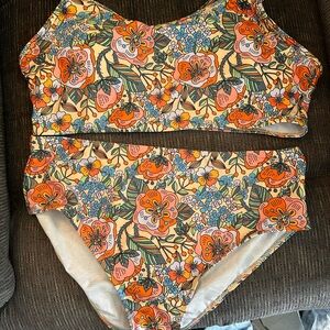 Floral Bikini Set with Orange and Blue Accents